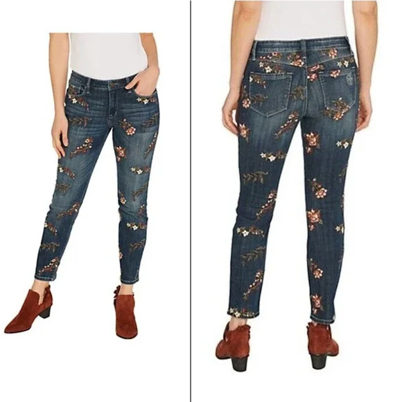 Laurie Felt | Classic Denim All-Over Floral Embroidered Slim Leg Jeans - Picture 1 of 15